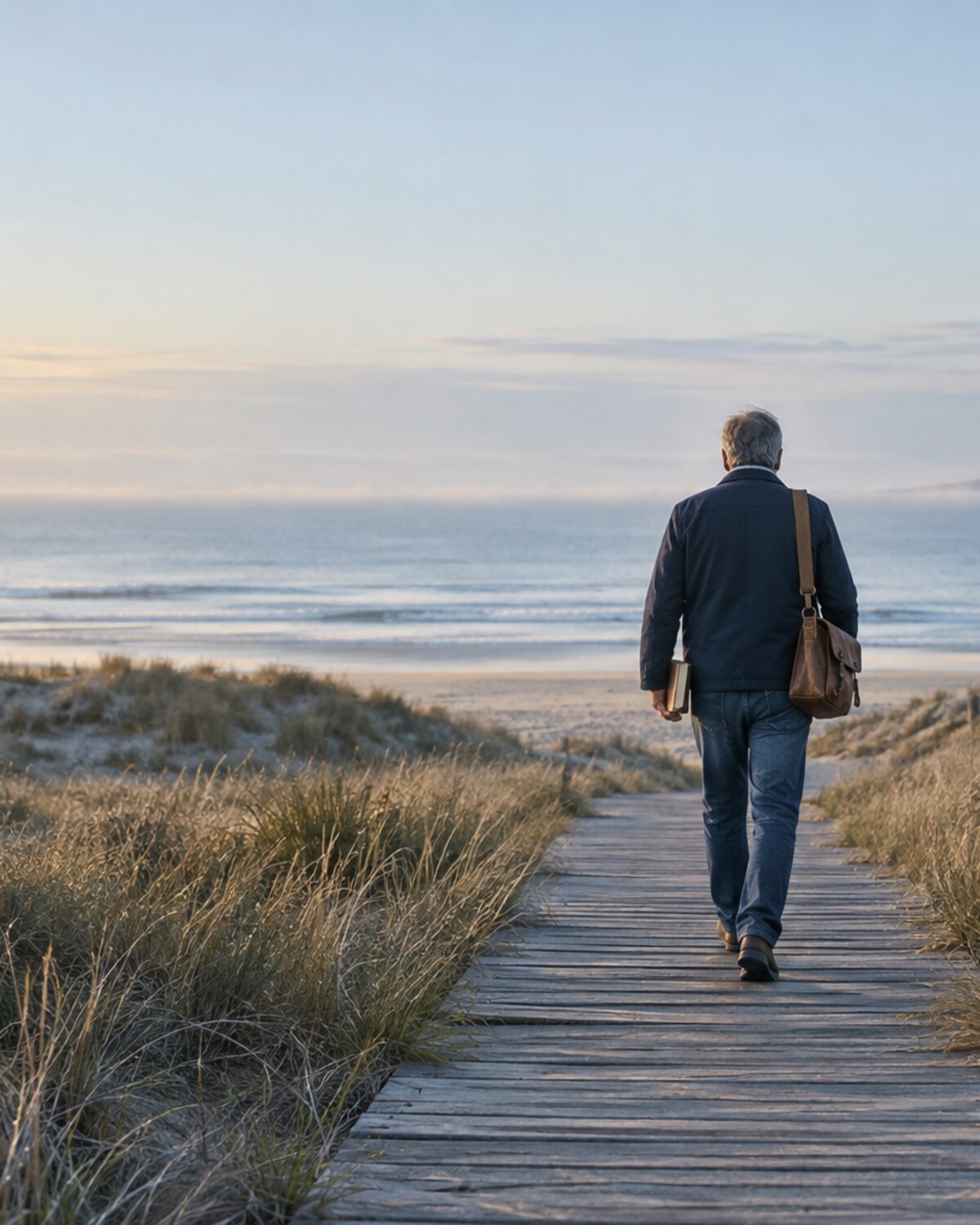 A man seen from behind walking a weathered boardwalk through dune grass toward a pale sea