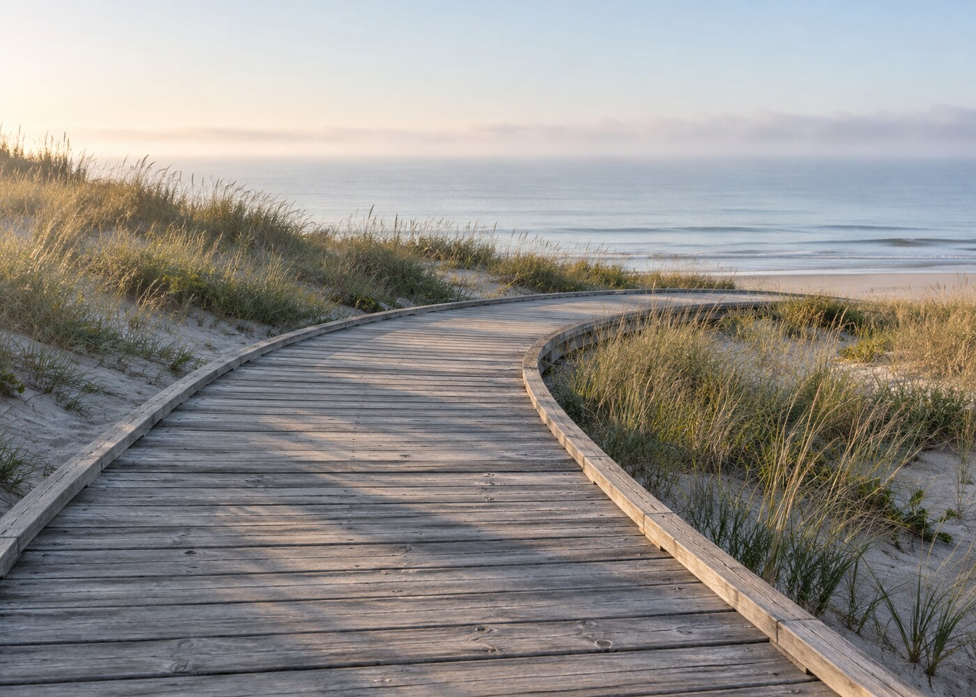 A wooden boardwalk winding through dune grass toward the sea at dawn