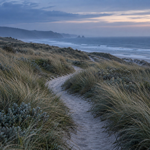 A narrow sand trail winding through dune grass toward the sea