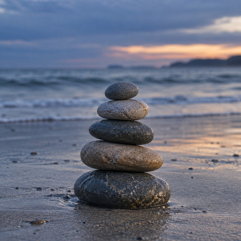 Smooth stones stacked into a cairn on a beach at dusk