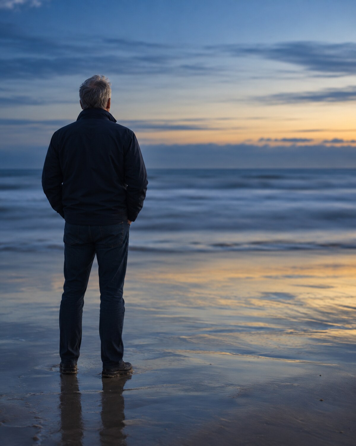 A man seen from behind standing at the water's edge at blue hour, hands in his jacket pockets